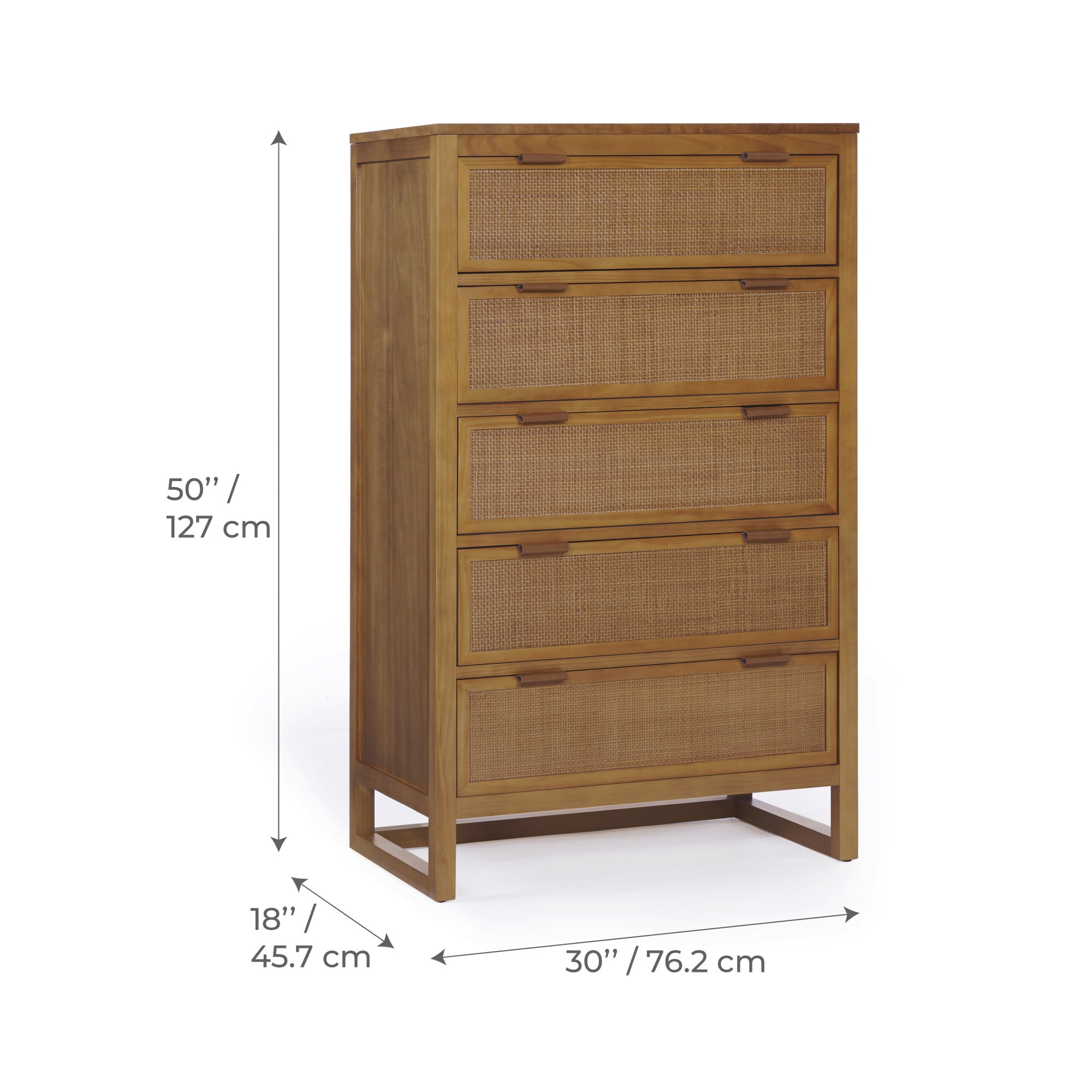 Hatteras Dresser with 5 Rattan Inlay Drawers, Natural – Teamson Home: Wide & Deep Storage with Coastal Modern Style