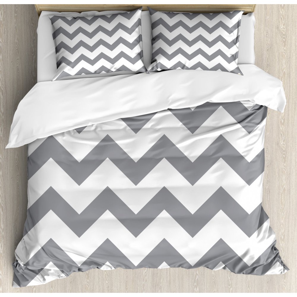 Grey Duvet Cover Set, Grey and White Chevron Pattern Classic