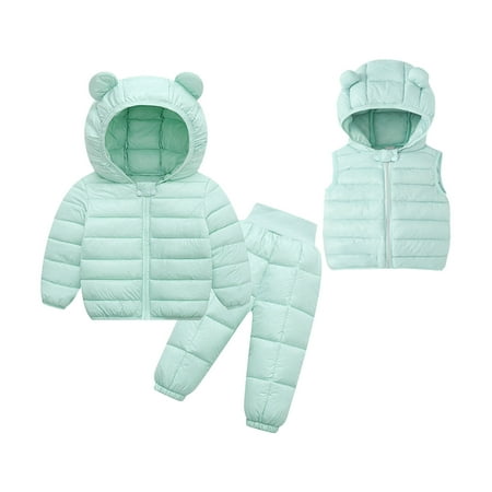 

ZHAGHMIN Toddler Girls Boys Winter 3 Pcs Outfits Set Long Sleeve Bear Ear Puffer Jackets Solid Color Warm Tops Padded Vest Pants Warm Suit Green Size80