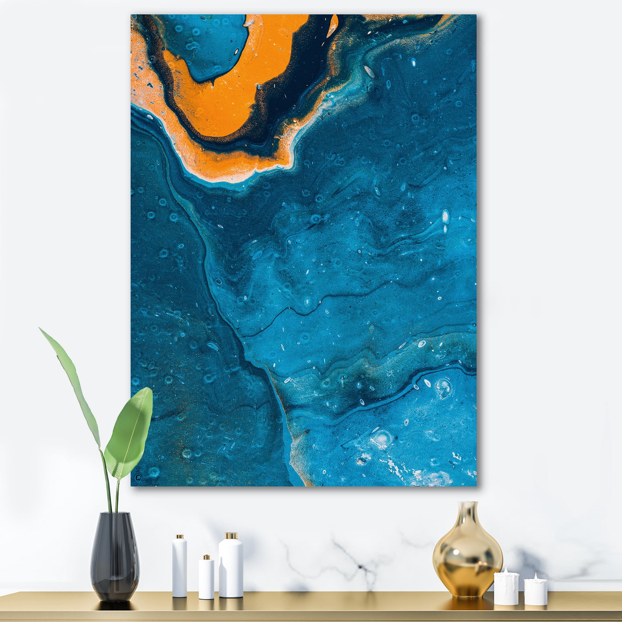 Designart ' Abstract Marble Composition In Orange and Blue III ' Modern Canvas Wall Art Print