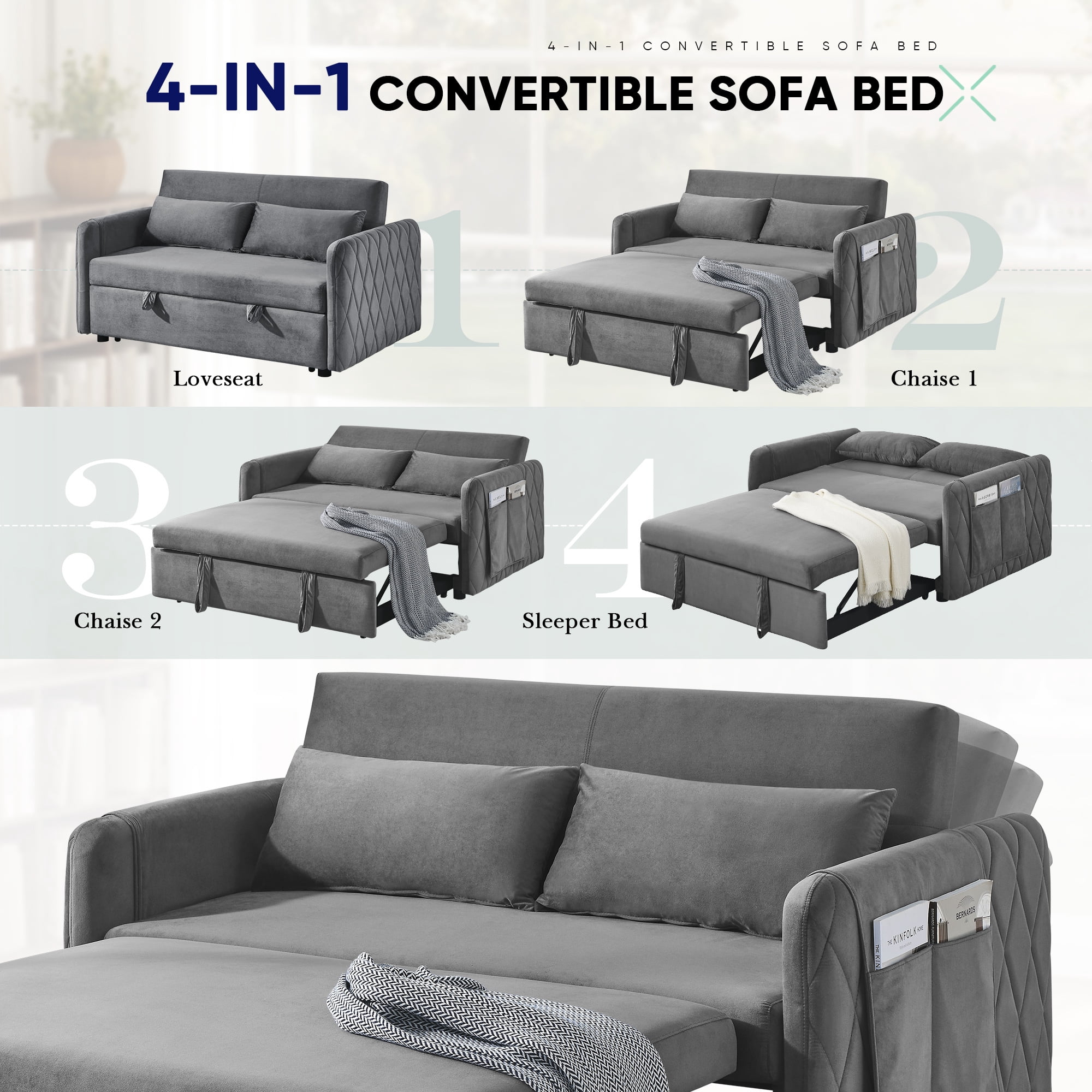Lunale Convertible Futon Sofa Bed for Living Room, Modern Upholstered Loveseat Sleeper in Gray