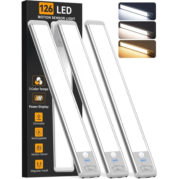 Under Cabinet ing Wireless, 15inch Recharable Motion Sensor Indoor, 3 Color Closet Battery Operated with LED Power Display, Magnetic Under Counter s for Kitchen, Home (3Pack)