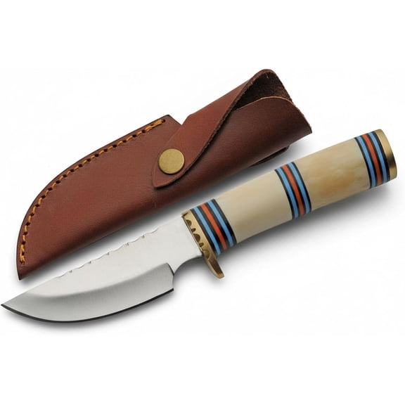 Rite Edge 8.75 Inch Fixed Blade Hunting Knife With Bone Handle Stainless Steel Blade Filework Brass Guard Leather Sheath Outdoor Knife