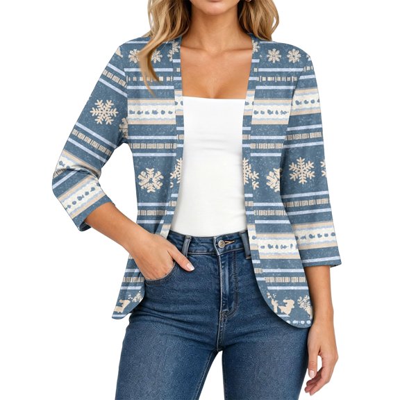 EANJE Women Christmas Graphic Open Front Cardigan, 3/4 Sleeve Loose Lightweight Shrug, Casual Printed Thin Knit Layering Top Multicolor M