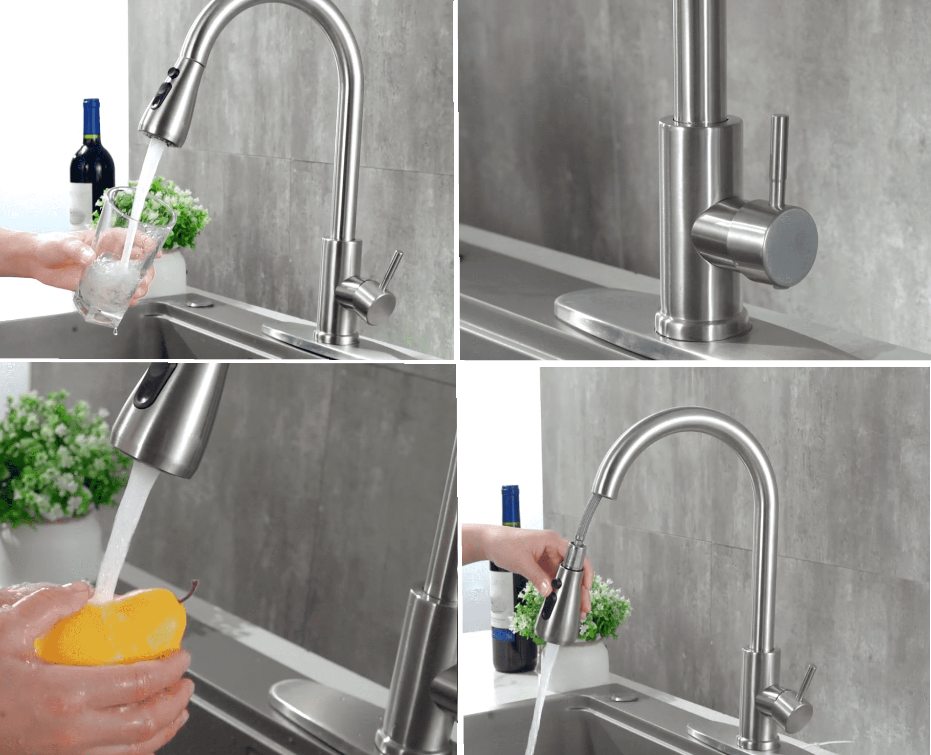 Kitchen Sink Faucet Brushed Nickel with Pause Button, High Arc Single Handle Kitchen Sink Faucets with Pull Down Sprayer Mix Hot and Cold Water with Deck Plate, Suit to 1 or 3 Holes