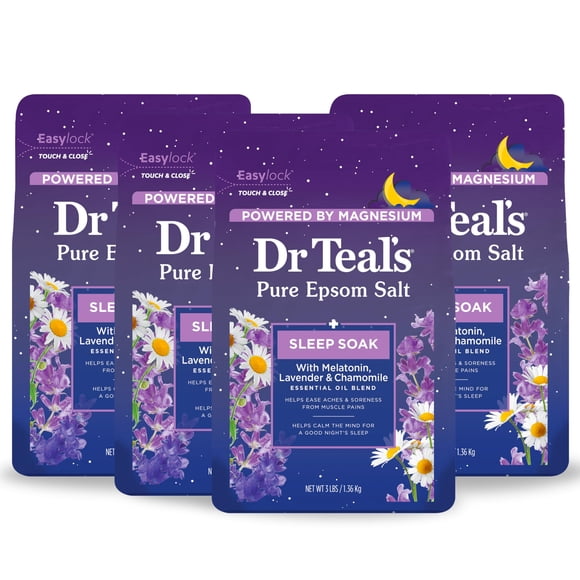 Dr Teal's Sel de Magnésium d'Epsom Pur à Tremper, Mélange pour le Sommeil avec Mélatonine, Lavande et Huiles Essentielles, 3 lb (Lot de 4)