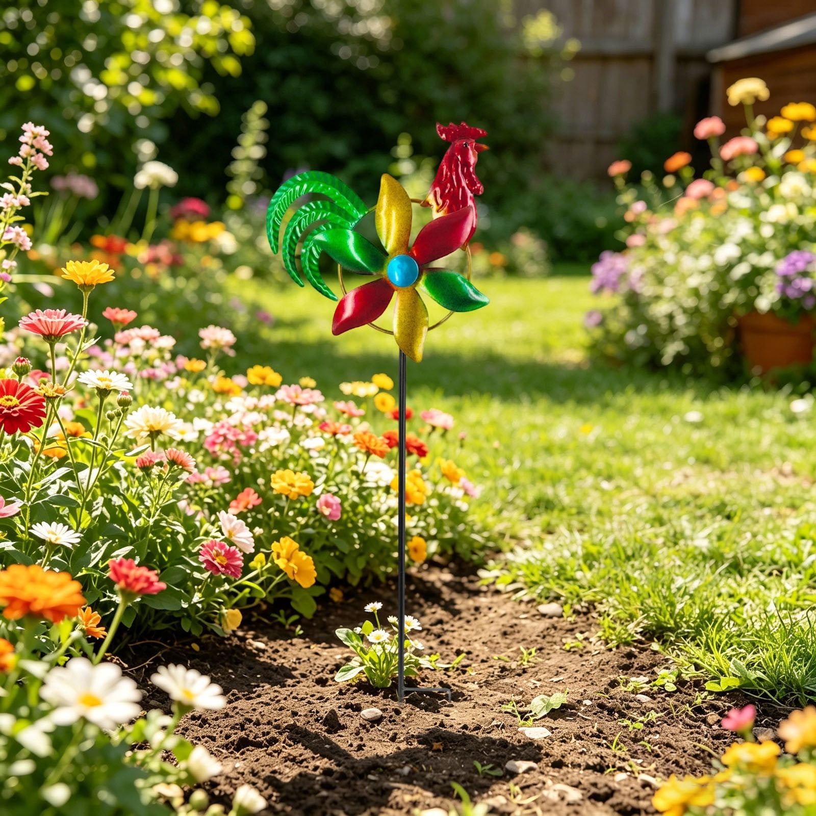 Garden Wind Spinner Outdoor, Metal Wind Sculpture for Patio and Pathway, Decorative Lawn Ornament with Ground Stake, Yard Art for Garden and Backyard, Chicken