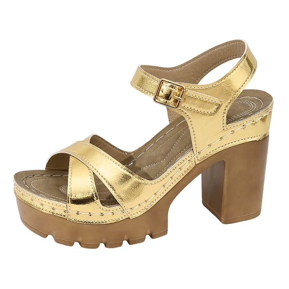 Viluyesy Womens Block Heels Sandals, Open Toe Ankle Strap Shiny Faux Leather Summer Platform Shoes Gold US8.5