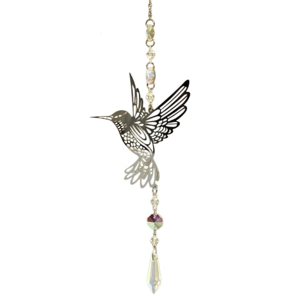 Homellea Hummingbird Crystal Suncatcher, 15.9 Inch Silver Metal Window Hanging Ornament with Crystal Prism Pendant for Rainbow Maker, Garden, Patio, Bedroom, Living Room and Home Decor
