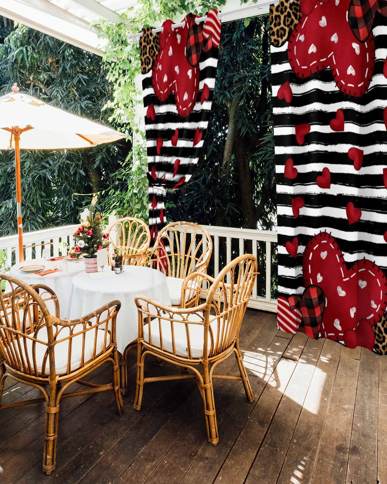 Valentine's Day Outdoor Curtains for Patio, Red Love Heart Leopard Spot Black Stripes Privacy Drapes Grommet Waterproof Outside Curtains for Porch/Cabana/Balcony 54"x 108", 1 Panel