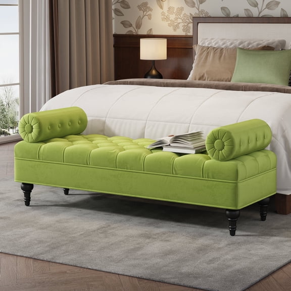 FFZ 60"L Velvet Upholstered Bench with 2 Pillows, Solid Wood Legs for Bedroom, Living Room, Green