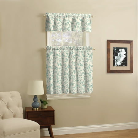 Mainstays Small Window Curtain Set Aqua Leaf 3 Piece