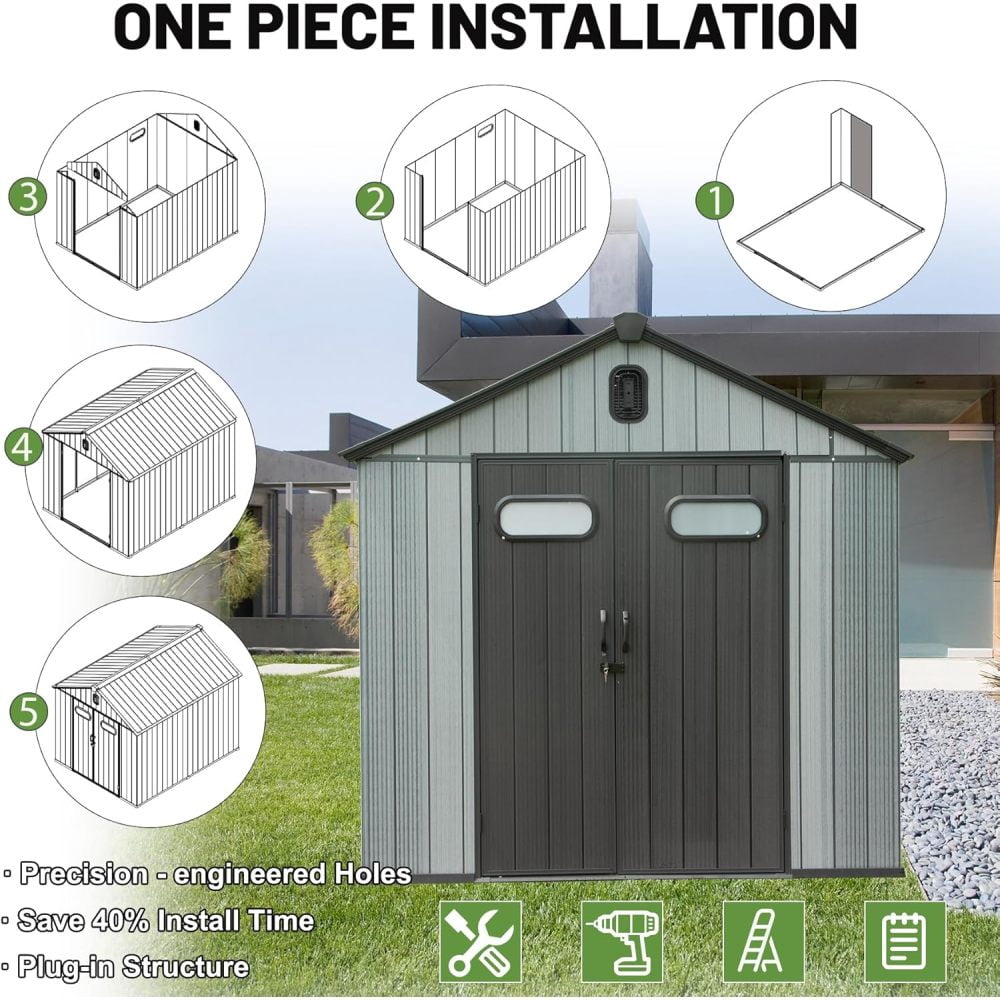 All-Weather Resin Tool Shed - 8x12FT Outdoor Storage with Windows & Reinforced Floor (UV-Resistant)