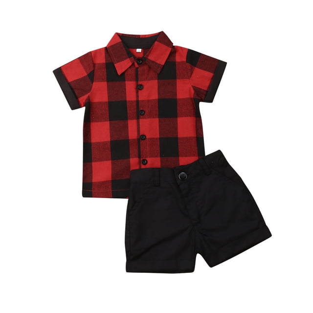 xiaxaixu Ensemble de Vêtements d'Été pour Bébés Garçons Chemise à Manches Courtes à Carreaux Rouges à Col à Revers+shorts