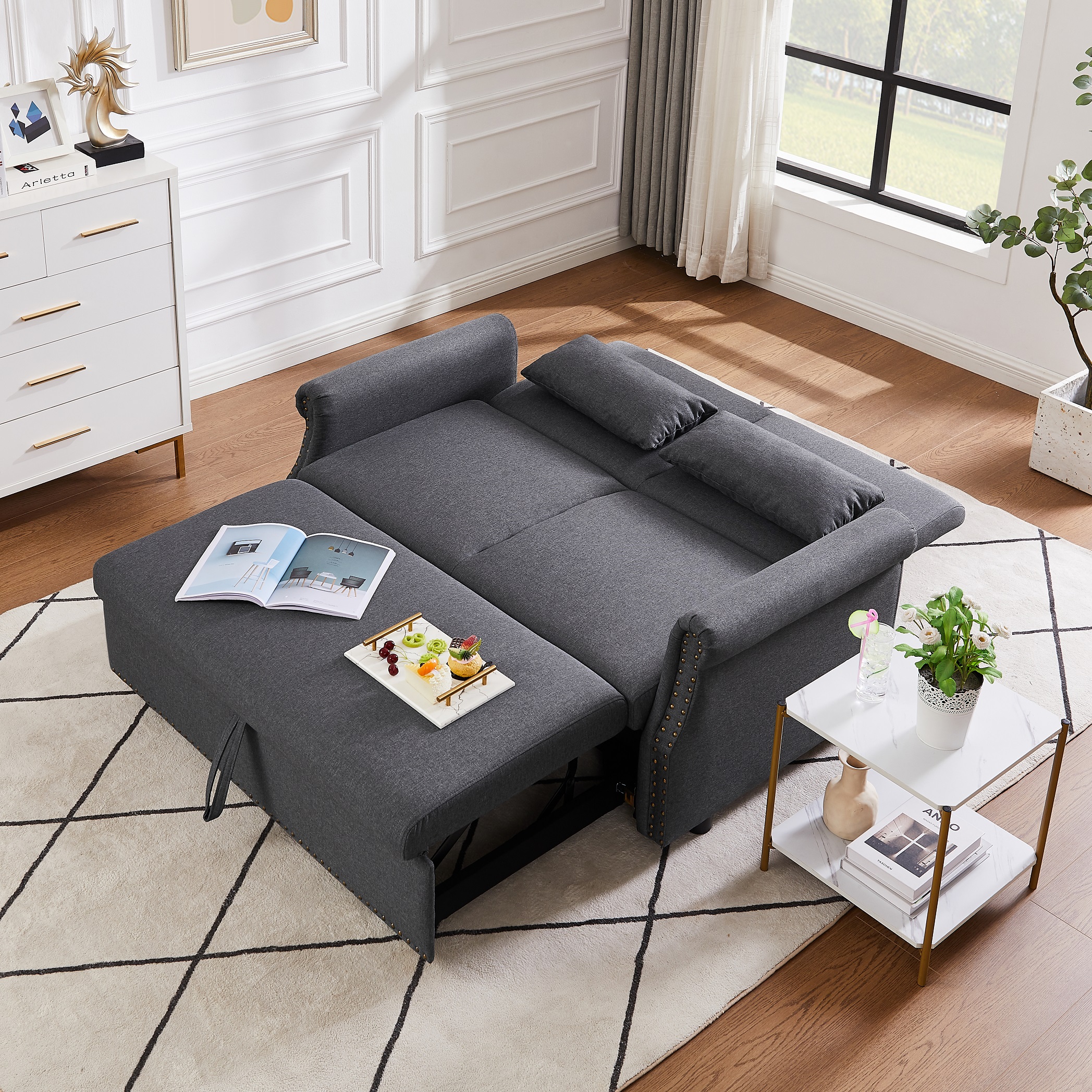 Momspeace 55" Futon Sofa Bed, Modern Loveseat Convertible Pull out Sofa Bed 2 Seater Sleeper Sofa Couch with Adjustable Backrest - Dark Gray