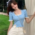 thumbnail image 5 of Women's Fashion Slim Square Collar Lace Short Sleeve Knitted Pullover T-Shirt Tops,Blue, 5 of 9