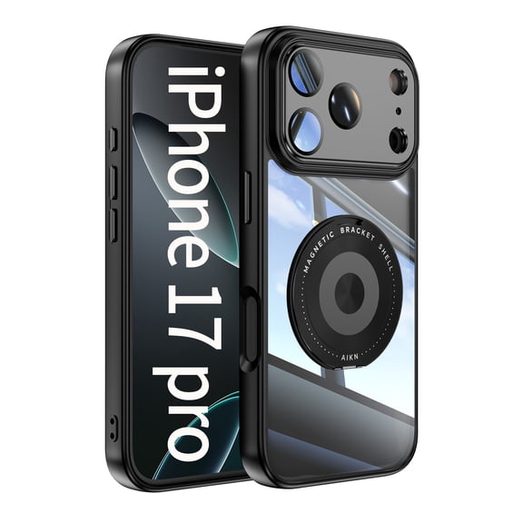 Designed for iPhone 17 Pro Crystal Clear Back Case, Luxury Case with Lens Protector Drop Protective Magnetic Rotating Ring Kickstand Shockproof Thin Fit Phone Case Cover, Black