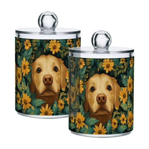 Yayeee 2 Pack Qtip Holder Bathroom Cotton Swab Canister with Lid Clear Dispenser Set, Flowers and Dog