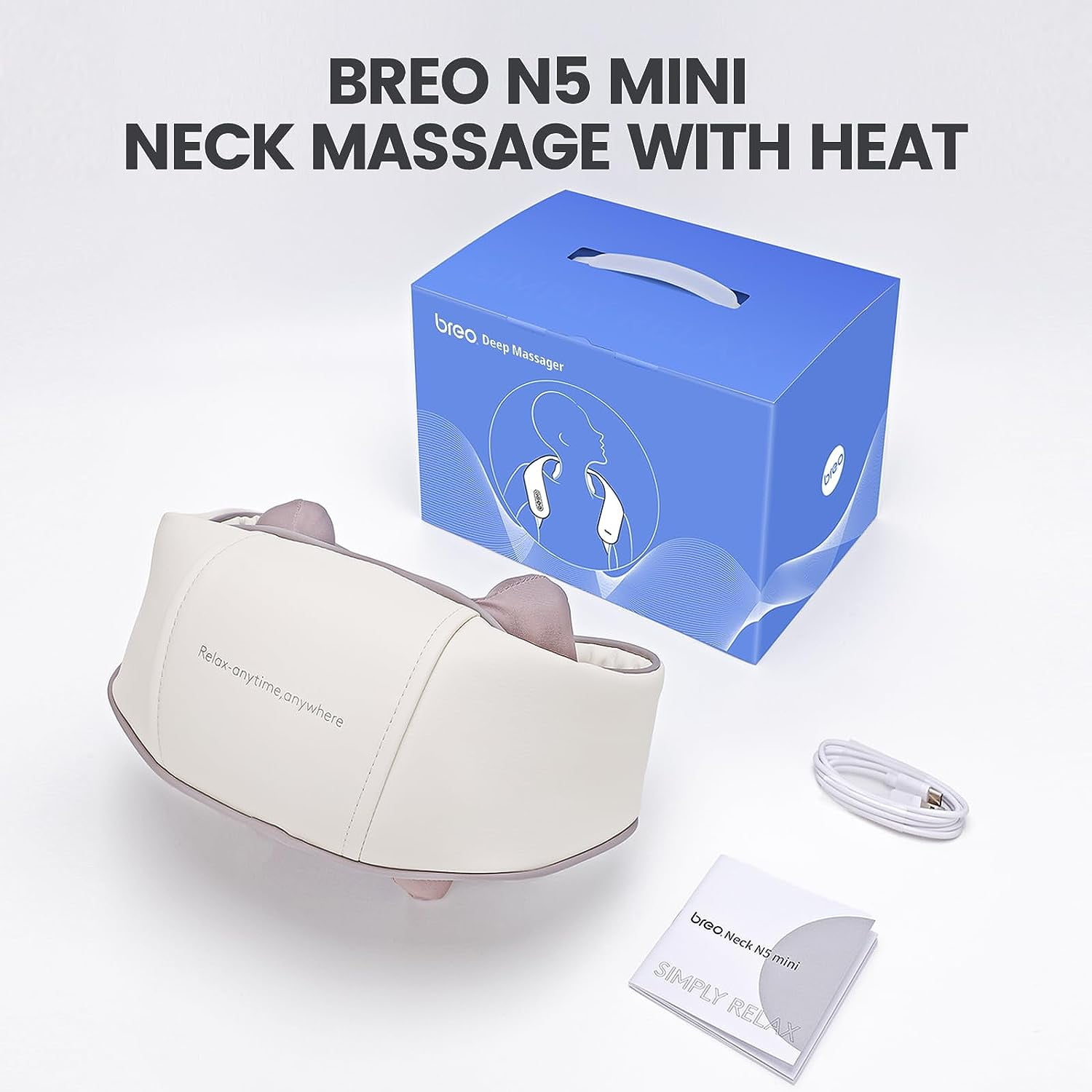 Breo N5 Mini Neck and Shoulder Massager with Heat, Cordless Deep Tissue Shiatsu for, Beige, Gift