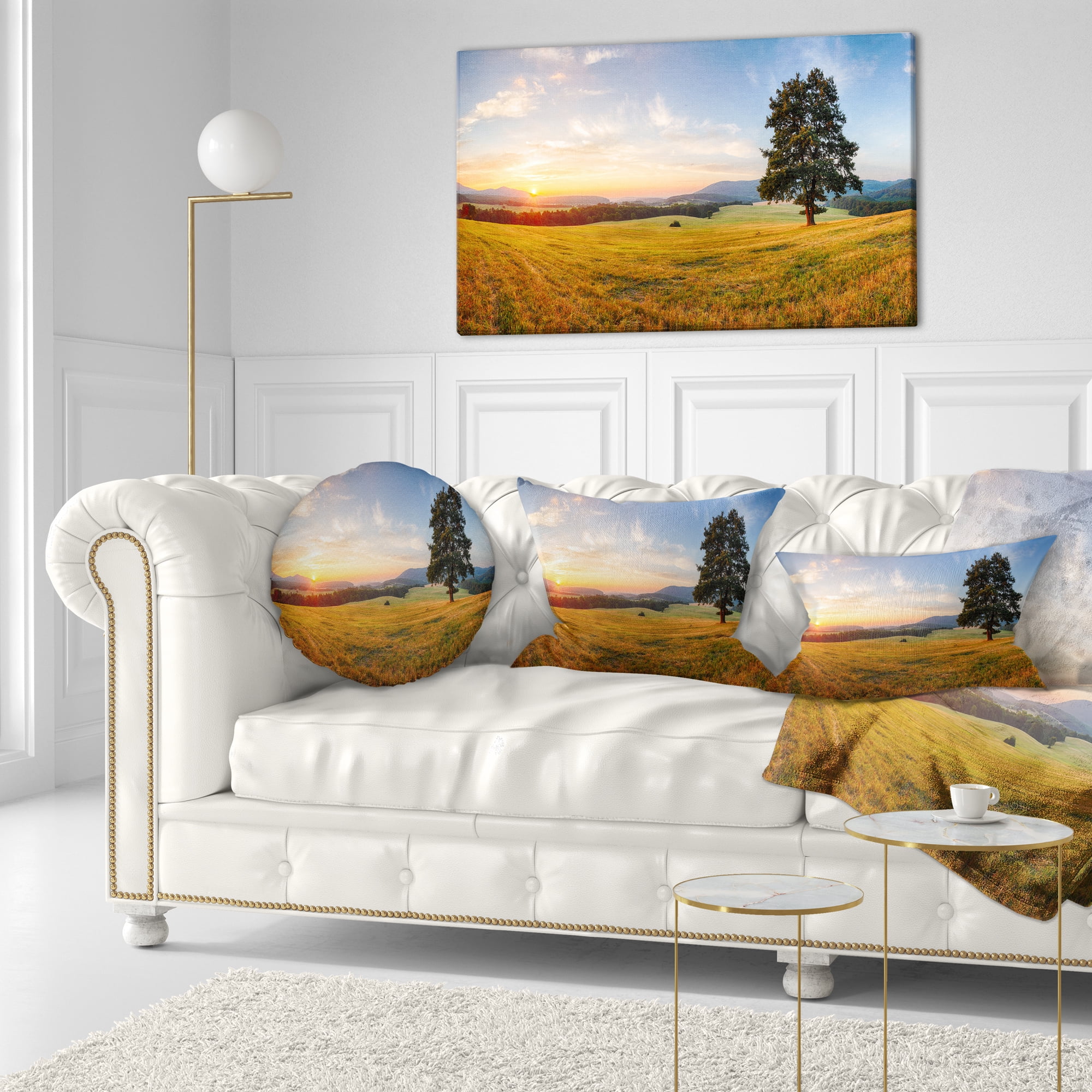 Designart Lonely Tree on Meadow at Sunset - Landscape Photography Throw Pillow - 12x20