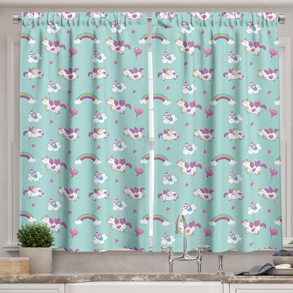 Ambesonne Unicorn Party Kitchen Curtains, Cartoon Horns Wings, 55"x39", Multicolor