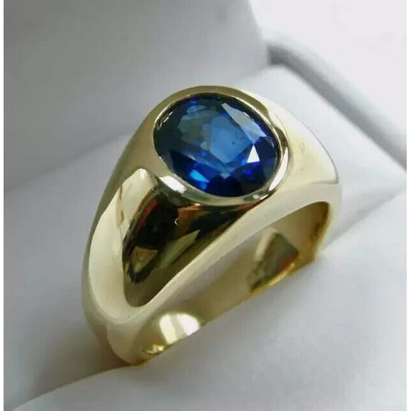 2Ct Oval Cut Lab Created Blue Sapphire Solitaire Men's Engagement Ring 14K Yellow Gold Plated Silver Gift Ring