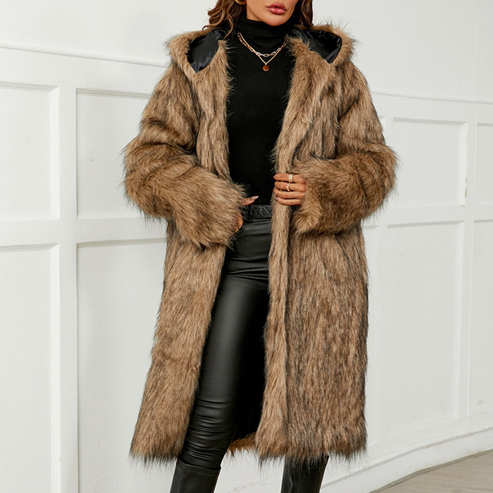 Women's Solid Color Long Sleeve Hooded Warm Faux Fur Jacket