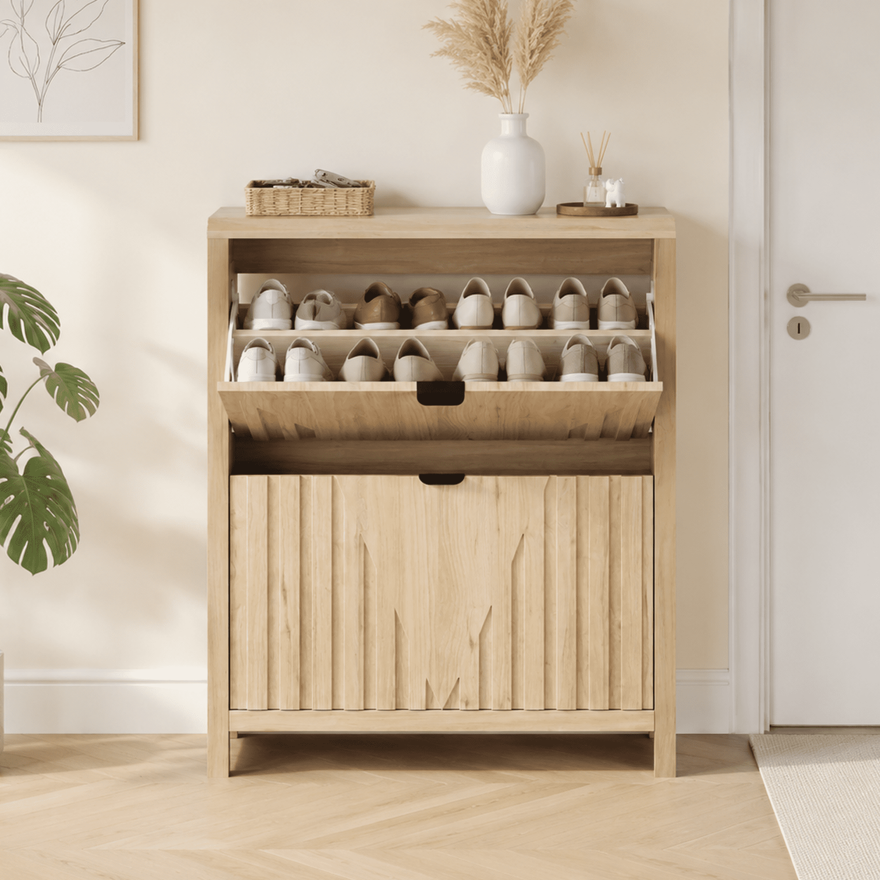 Leumius Shoe Cabinet Storage with 2 Flip Drawers,Wood Shoe Cabinet with Vertical Carved Panels,Freestanding Shoe Storage Cabinet for Entryway Hallway,Oak