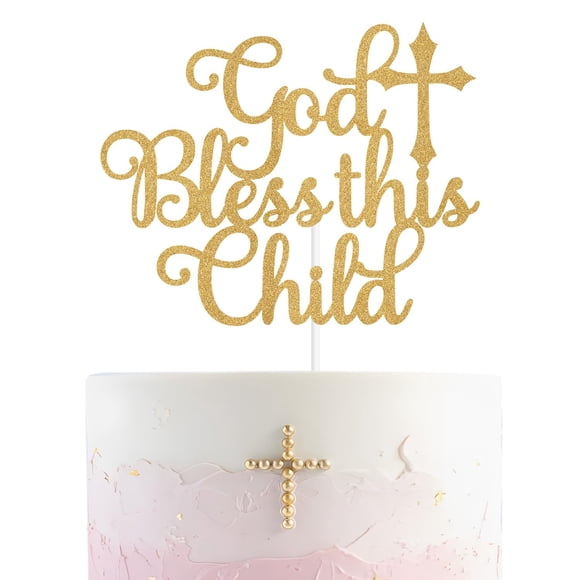 Decoración para tartas con el nombre de Dios bendiga a este niño para la primera comunión, color dor
