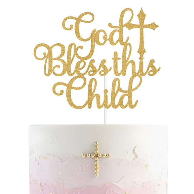 Decoración para tartas con el nombre de Dios bendiga a este niño para la primera comunión, color dor