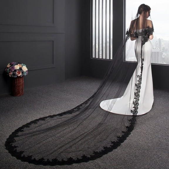 EllieWely 2 Tier Wedding Veil Cathedral Length 3 M(118 inch) Lace Bridal Veil With Metal Comb L30 Black