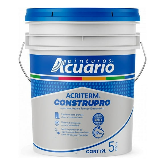 Cubeta De Impermeabilizante Acriterm Acuario 19 Litros Blanco Mate Construpro 5 Años