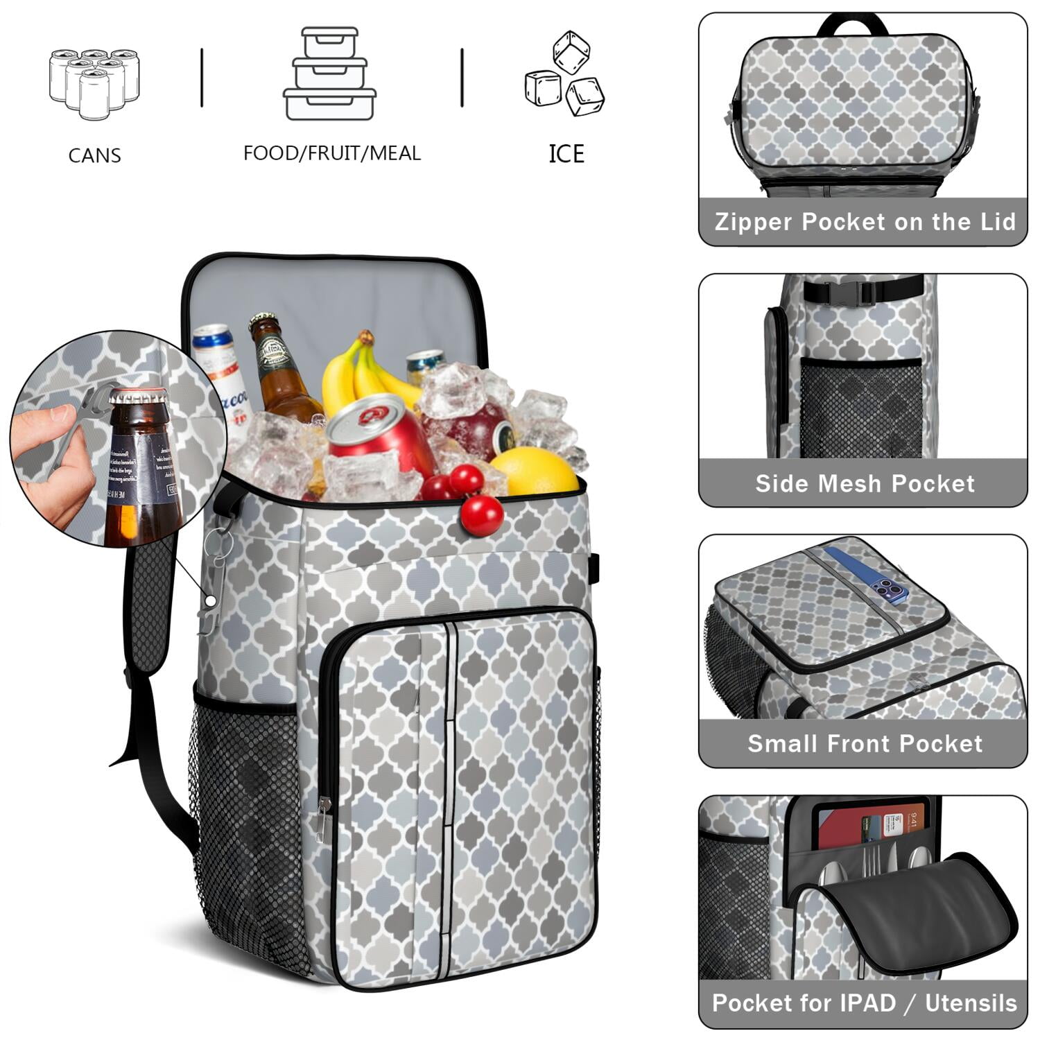 Travel Cooler Bag - Boho Bohemia Pioneer Flower Geometric Line Art Camping Beer Cooler Backpack with Bottle Opener- Waterproof Insulated Picnic Backpacks - Cooler Bag for Beach