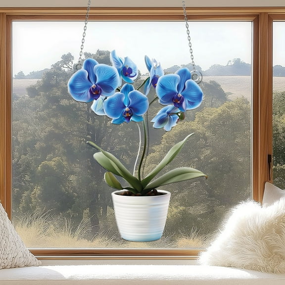 Acrylic Window Hanging, Blue Orchid Stained Glass 2D Art – Stunning Window Decoration, Ideal Gift for Plant Lovers