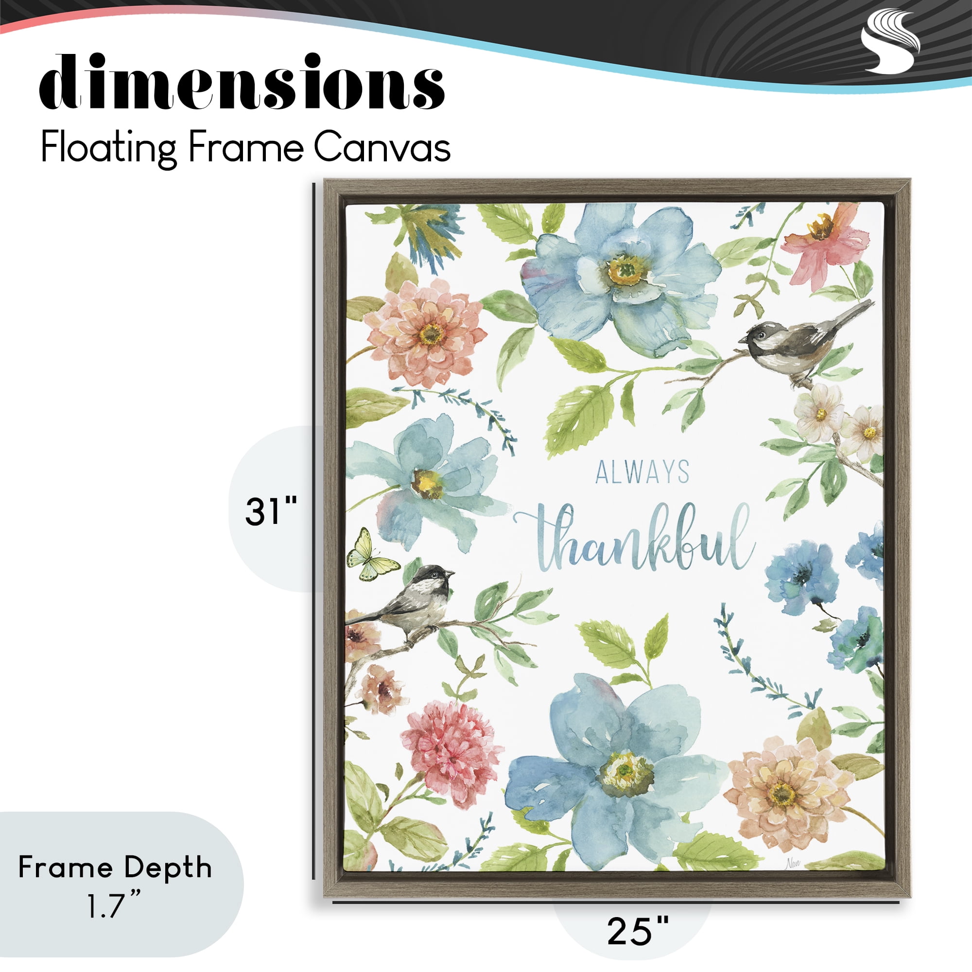 Stupell Industries Always Thankful Pink & Blue Brown Framed Floater Canvas Wall Art, design by Nan