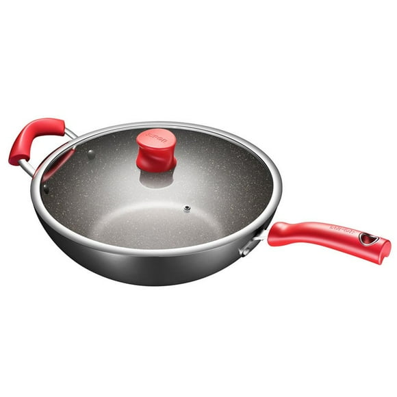 Supor Wok 12,6 Pouces, Antiadhésif avec Couvercle, Style Chinois Pierre Étoilée, Résistant à l'Usure, Facile à Nettoyer, Fond Plat, pour Gaz et Induction