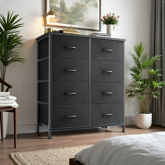 Atilioo 8 Drawer Fabric Dresser for Bedroom, Wooden Top Storage Chest with Metal Frame, Versatile Organizer for Clothes, Living Room, or Hallway, Black