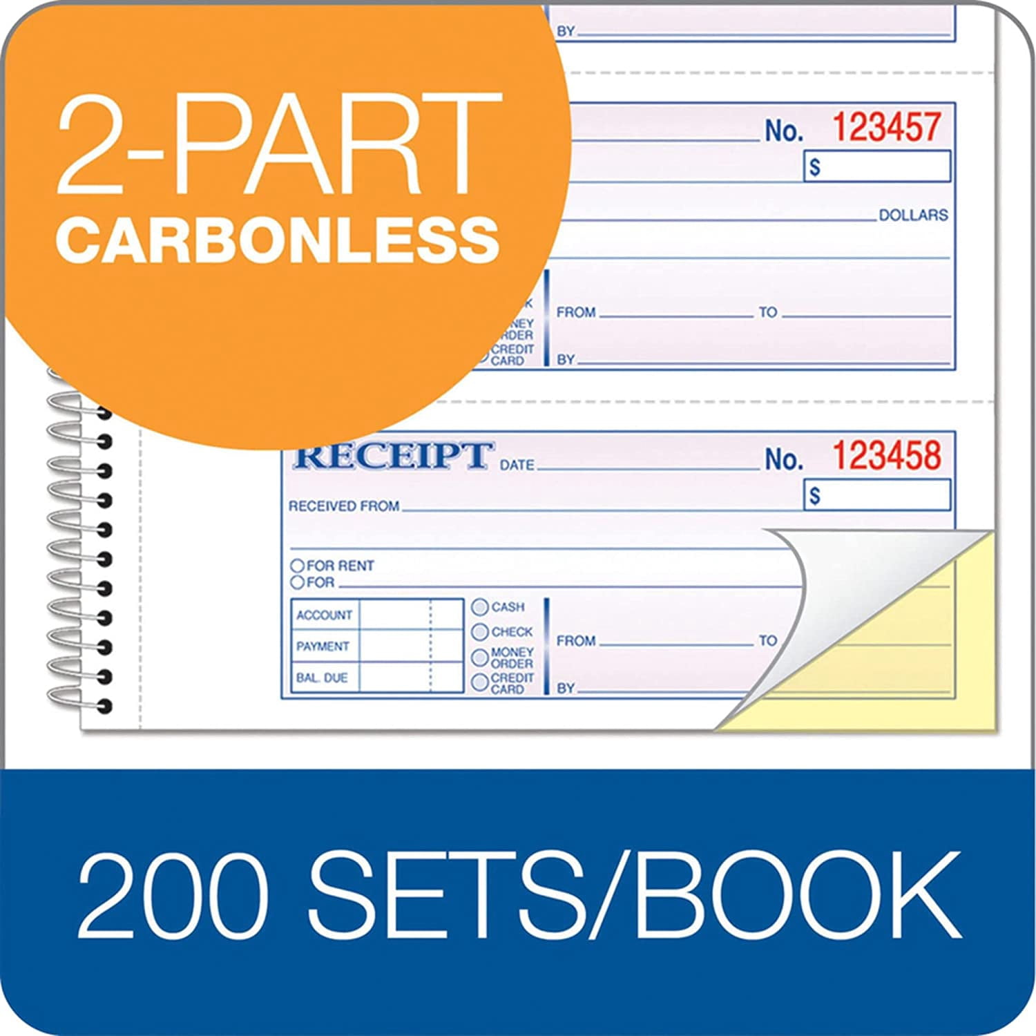 Carbonless 2-Part Spiral Money/Rent Receipt Book, 7 5/8in. x 11in., Book of 200 Sets, SC1182