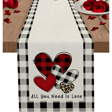 

JOOCAR Valentine s Day Table Runner Buffalo Leopard All You Need Is Love Plaid 13x72 Inch Table Runner for Kitchen Table Table Holiday Wedding Sweet Mother s Day Party Decor