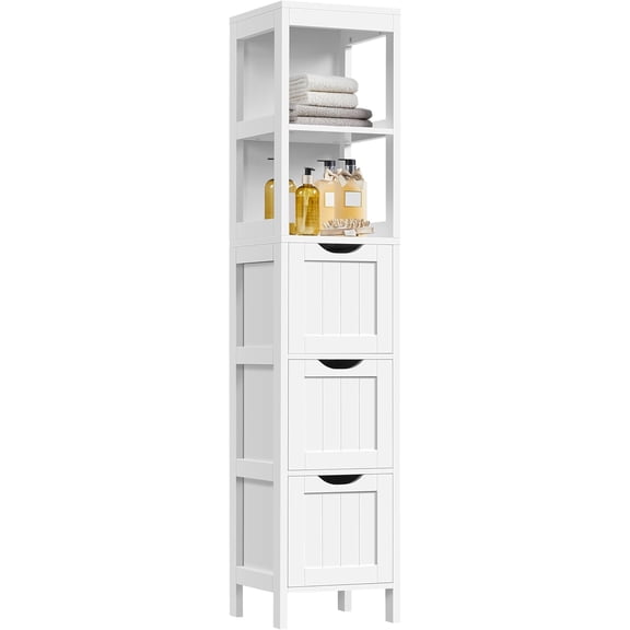 GGsum Bathroom Tall Cabinet, Slim Storage Cabinet, Narrow Freestanding Floor Cabinet with 3 Drawers & 2 Shelves, Linen Tower for Small Space, 12" D x 12" W x 56" H, White