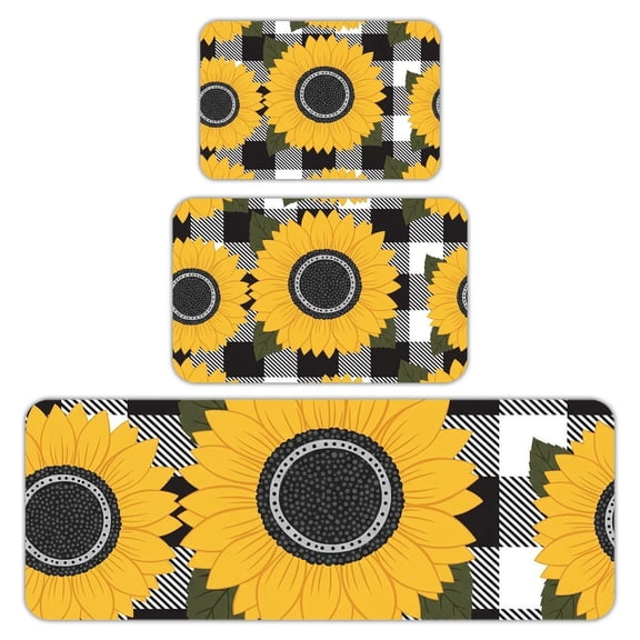 RKSupls Kitchen Rug Set 3 Piece Anti-Slip Flannel Floor Mats, Rustic Sunflower Washable Absorbent Runner Mats for Kitchen Bathroom Home Decor