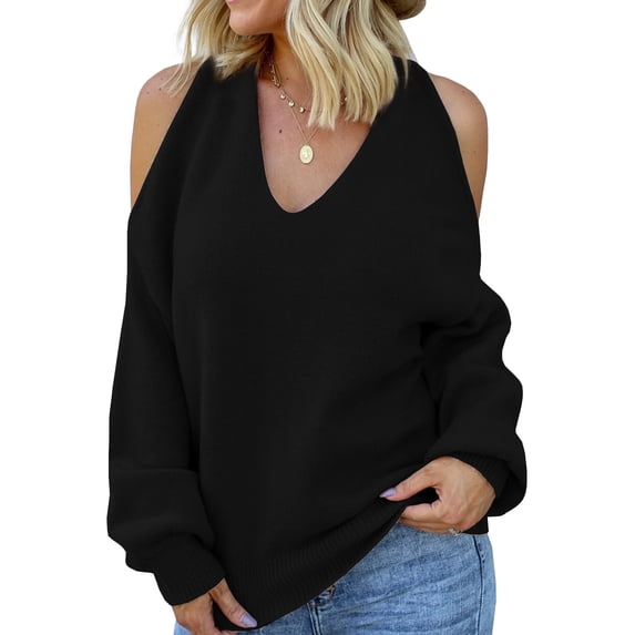 HOTAPEI Criss Cross Sweaters for Women Trendy Off Shoulder Sweater Long Sleeve V Neck Knitted Pullover Sweaters Jumper Tops