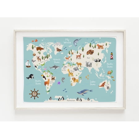 Animal World Map Wall Art Print With Educational Nursery Playroom Decor