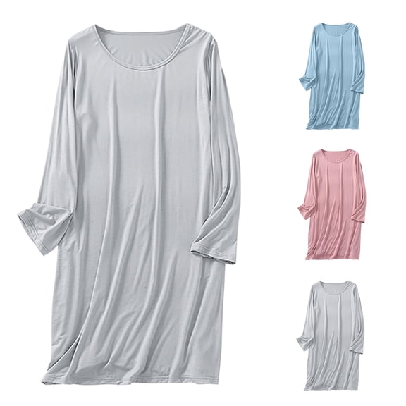 Oksale Plus Size Night Gown for Women Lightweight Long Sleeve Nightgown Mid Length Sleep Dress Casual Round Neck Sleep Shirt Loose Fit Solid Color Pajama Dress Gray XXXXL