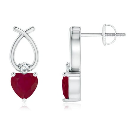 Heart Shaped Ruby Earrings - Holiday Sale - Heart Shaped Ruby Ribbon Earrings with Diamond in 14K White Gold (5mm Ruby) - SE0964RD-WG-A-5