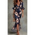 thumbnail image 5 of Green Floral Print Satin Mermaid Midi Dress With Ruched Body, V-Neck, Ruffle Sleeves And High Slit, 5 of 8