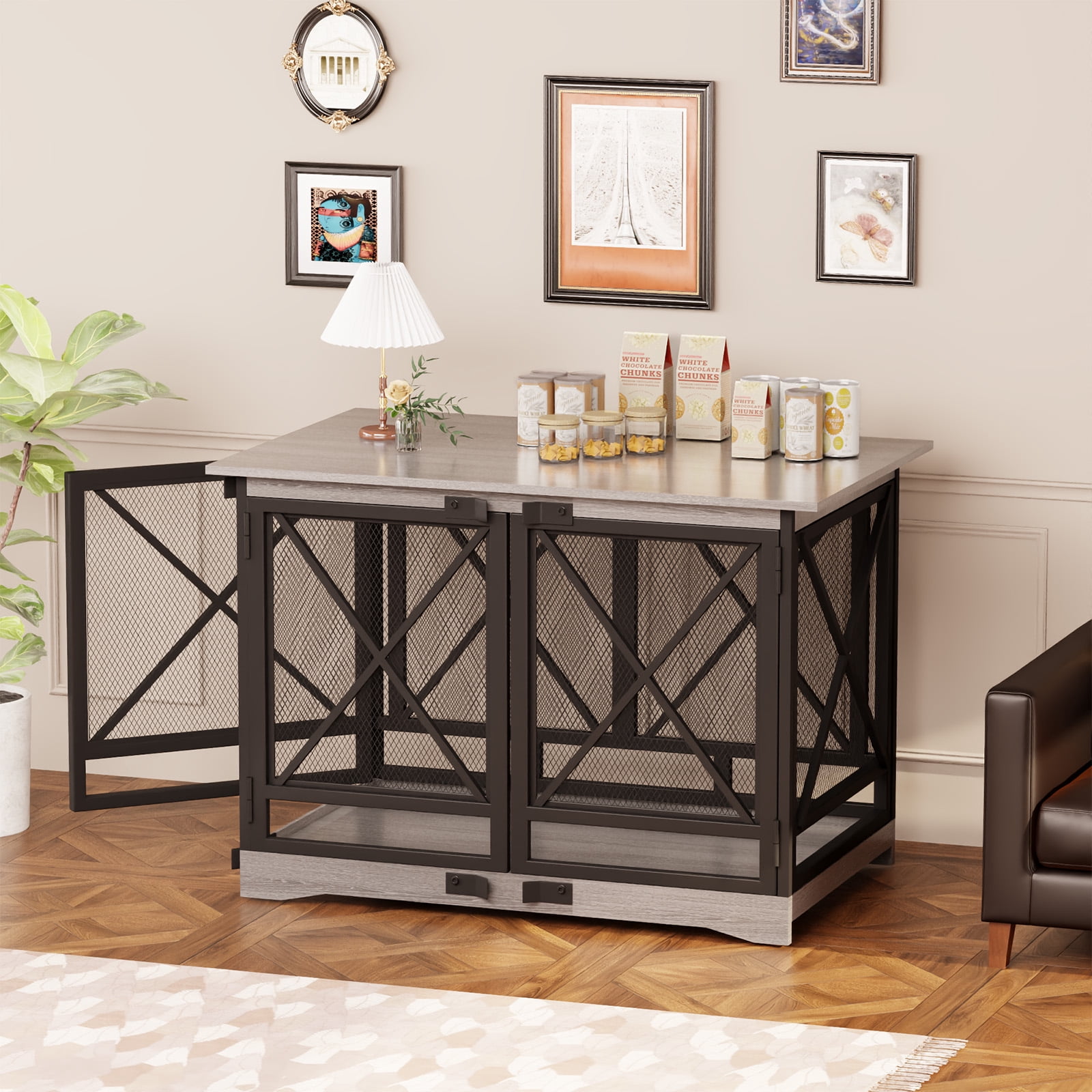 48 inch Extra Large Dog Crate Furniture,Double Door Indoor Kennel,End Side Table Wooden Dog Crates,Anti-Chew Anti-Escape, Gray