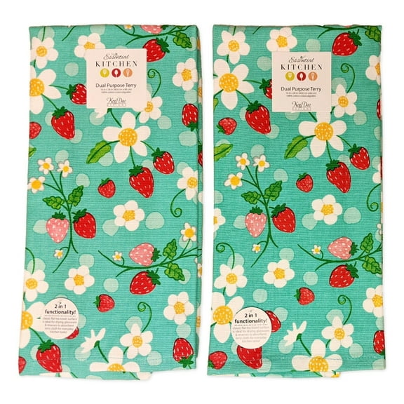 Set of 2 Strawberry Toss BERRY BASKET Terry Kitchen Towels by Kay Dee Designs