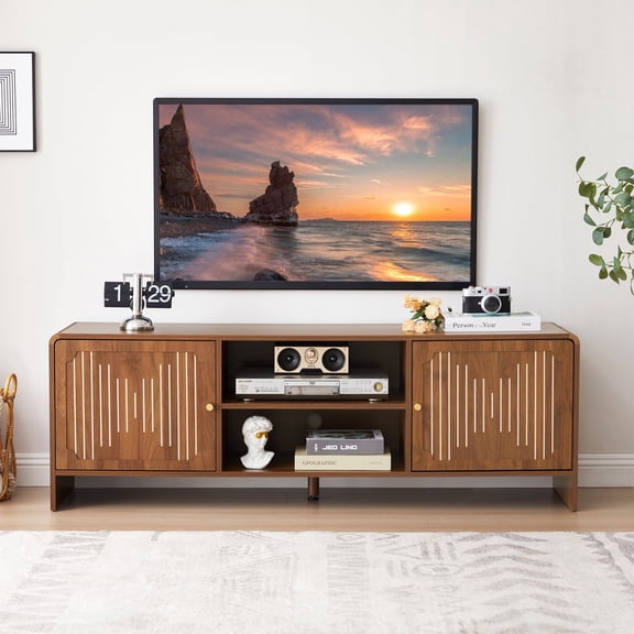 YOCWO TV Stands for 65 inch tv, TV Stand with Doors and Printed Lines, Wood Entertainment Center for TVs, Media Console Cabinet with Open Storage for Living Room, Walnut
