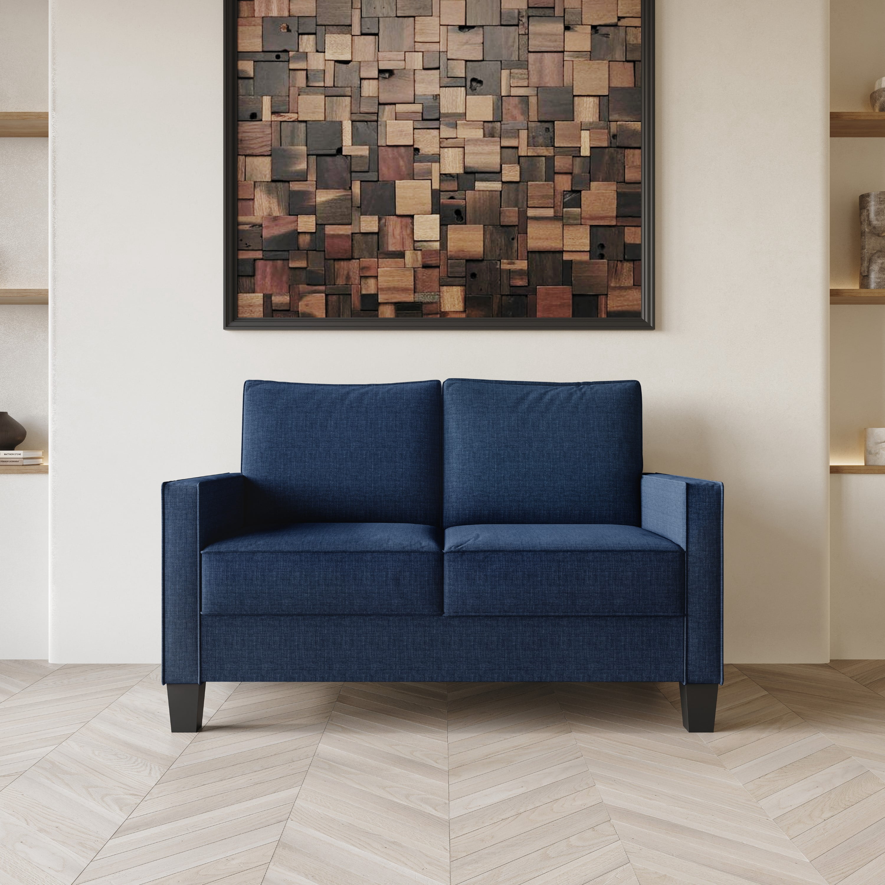 Home Design Marcia 3-Piece Square Arm Living Room Set with Armchair, Loveseat, and Sofa, Modern Upholstery and Black Legs, Blue